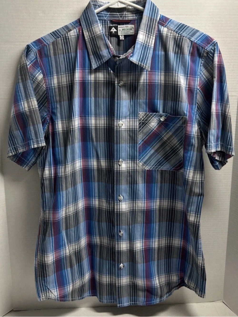 LRG Lifted Research Group Button Down Mens Medium Blue Plaid Short Sleeve
